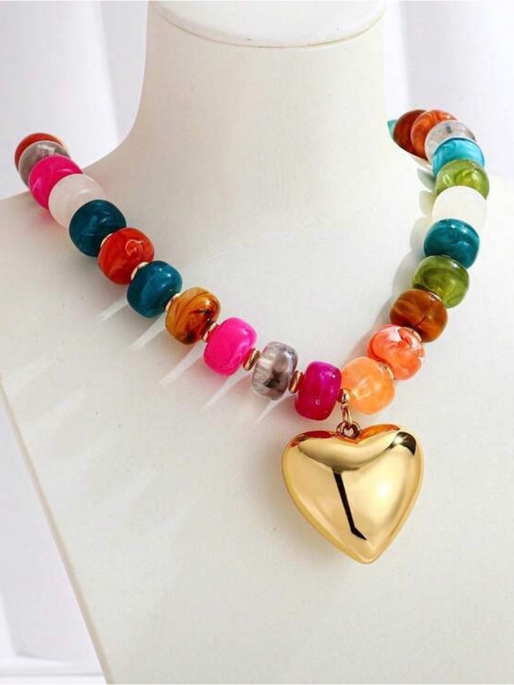 Multi-Color Bead Necklace with Gold Heart Pendant